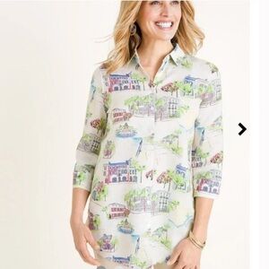 Chico’s no iron Atlantic print 3/4 sleeve 100% linen button down shirt novelty